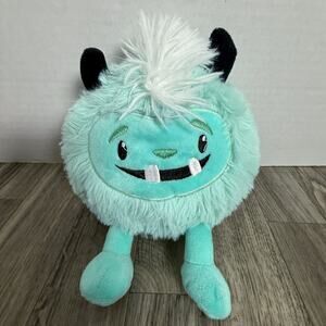 MTY Aqua Blue Monster Plush Toy White Hair Horns Teeth Stuffed Animal 9”